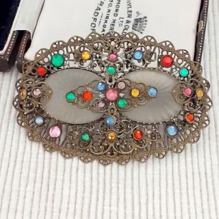 Vintage Art Deco Czech Filigree Large Oval Multi Coloured Frosted Glass Brooch