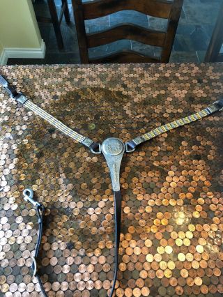 Vtg Silver & Gold Show Breastcollar Leather Western Ranch Horse Riding