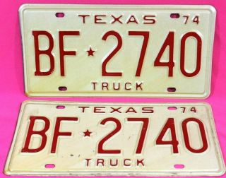 Vintage 1974 Texas Truck License Plate Matching Set Pair Plates Bf 2740