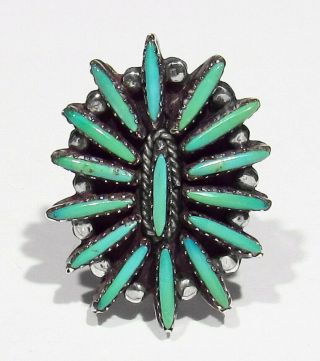 Large Vintage 60s Signed Zuni 925 Silver Natural Needlepoint Turquoise Ring 6.  5