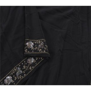 Sanskriti Vintage Black Saree 100 Pure Crepe Silk Hand Beaded Craft Fabric Sari
