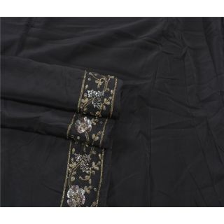 Sanskriti Vintage Black Saree 100 Pure Crepe Silk Hand Beaded Craft Fabric Sari 2