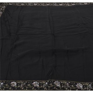 Sanskriti Vintage Black Saree 100 Pure Crepe Silk Hand Beaded Craft Fabric Sari 3