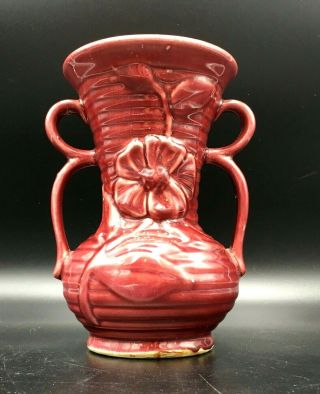 Vintage Mccoy Pottery Double Divided Handle Vase 7.  5 " Maroon Flower Design