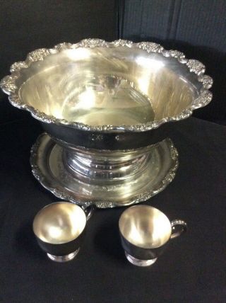 Antique Towle Silverplate Punch Bowl Set With Platter & 12 Cups