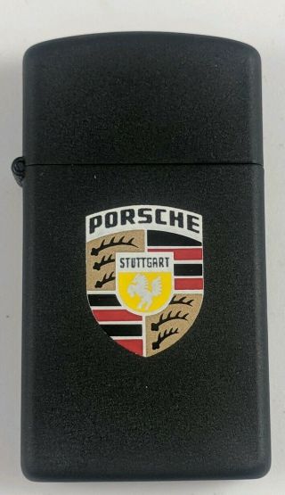 Vintage 1984 Matte Black Slim Zippo Lighter With Porsche Automobile Stuttgart Ad