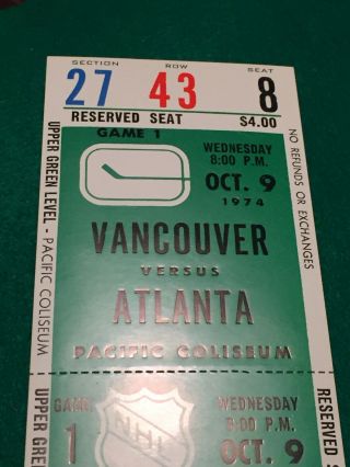 Vancouver Canuck NHL Game Ticket Vs Atlanta Flames.  Oct 9,  1974 2
