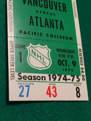 Vancouver Canuck NHL Game Ticket Vs Atlanta Flames.  Oct 9,  1974 3