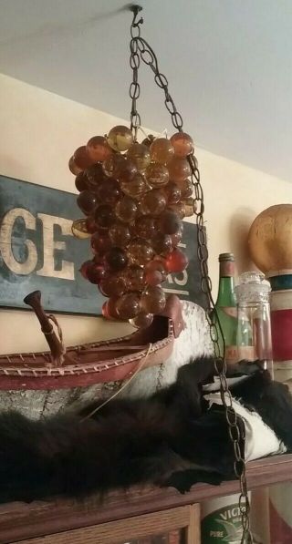 Vintage Mcm Large Lucite Acrylic Cluster Grapes Retro Hanging Swag Lamp Amber