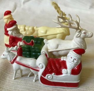 Antique Celluloid Santa In Sleigh Being Pulled By Reindeers Vtg Christmas