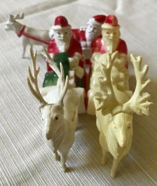 Antique Celluloid Santa in Sleigh being pulled by Reindeers Vtg Christmas 2