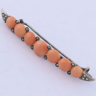 Antique Victorian 9k Gold Natural Pink Coral Seed Pearl Bar Brooch Pin