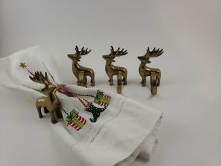 Set Of 4 Vintage Brass Reindeer Napkin Rings Buck Deer