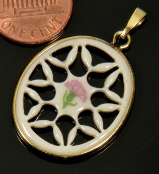 Vtg Lenox Porcelain Enamel Flower Gilded Brass Pendant Signed