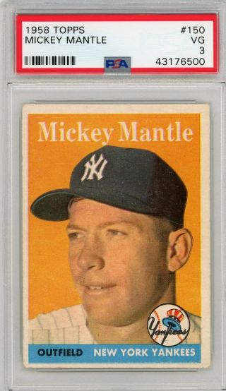 1958 Topps 150 Mickey Mantle Psa 3 Vg York Yankees Hof