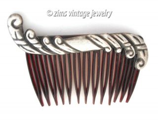 Vintage Old Mexican Sterling Silver Repousse Aztec Swirl Celluloid Hair Comb