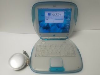 Vintage Apple Ibook M2453 Clamshell Laptop Sky Blue W/ M7332 Apple Ac Adapter