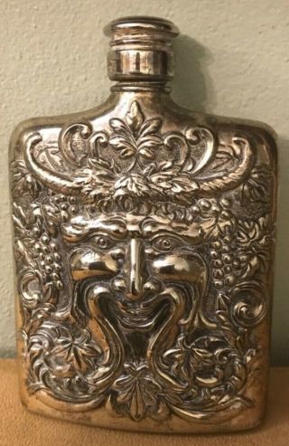 Vintage 1983 Godinger Flask Bacchus Face God Of Wine Silver Plate Liquor Flask
