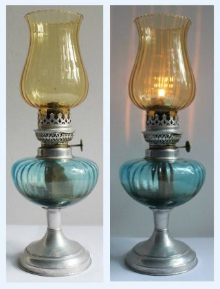 Vintage Antique Oil Table Lamp - Silver - Blue Glass Base / Amber Chimney Candle