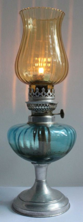 Vintage Antique Oil Table Lamp - Silver - Blue Glass Base / Amber Chimney Candle 2