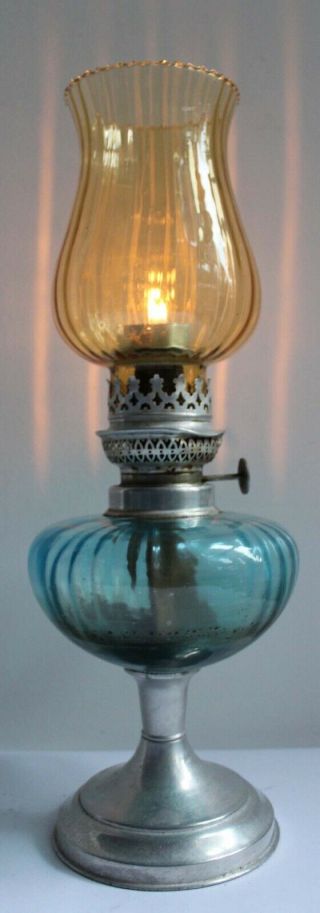 Vintage Antique Oil Table Lamp - Silver - Blue Glass Base / Amber Chimney Candle 3