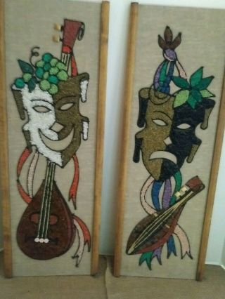 Vintage Mid Century Pair Gravel Art Mosaic Wall Plaques Comedy And Tragedy 1960s