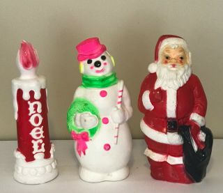3 Vintage Empire Plastic Corp 1968 Blow Mold Santa,  Candle,  Snowman 13 "