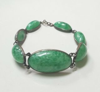 Vintage Sterling Silver 925 Large Oval Green Jade Gemstone Bracelet