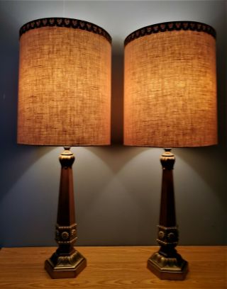Pair Vintage Mid Century Modern 60s Table Lamps Wood Brass Rembrandt Stiffel