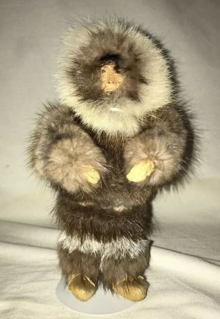 Vintage Inuit Alaskan Eskimo Doll Hand Made Carved Wood Face Fur 9”