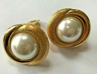 Vintage Signed Christian Dior Gold Tone & Faux Pearl Clip Earrings 1 1/4 " Round