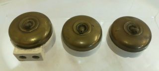 Set Of Three Vintage Brass Dolly Light Switches On Crabtree Ceramic Base (d1)