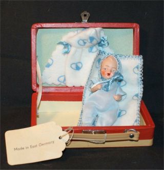 Antique Vntg East German All Bisque Doll Open Mouth In Suitcase Travel So Cute