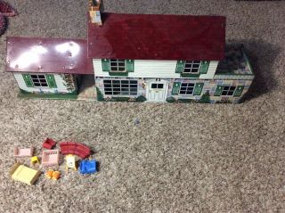 Large Vintage Marx Tin Litho Metal Dollhouse Doll House With Some Furniture