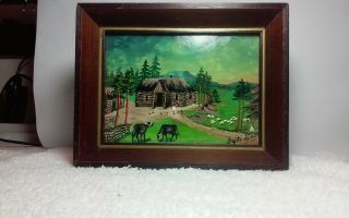 Spectacular Vintage,  Old Miniature Folk Art Oil Painting Framed,  Signed