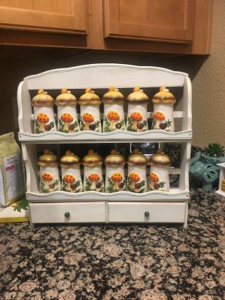 Vintage Merry Mushroom Sears Roebuck Spice Rack W/ 12 Spice Shakers Retro