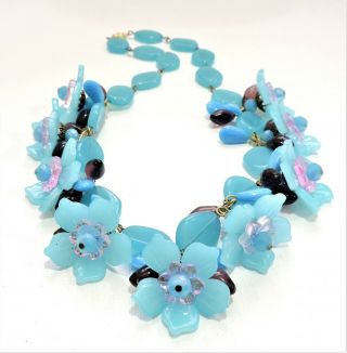 Vintage Blue Pink Purple Flowers Lampwork Art Glass Bead Necklace Oc1913