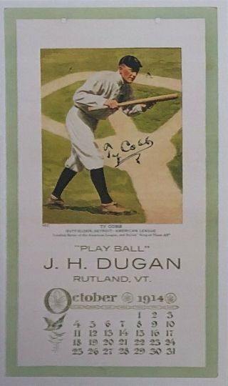 J.  H.  Dugan Vintage Baseball 1914 Calendar Print - Ty Cobb Det Tiger 