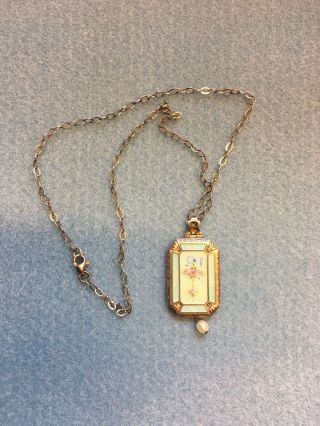 Antique Sterling Silver Guilloce Enamel Locket With Chain And Drop Pearl