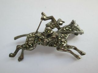 Vintage Sterling Silver Marcasite Jockey & Horse Race Equestrian Brooch Pin