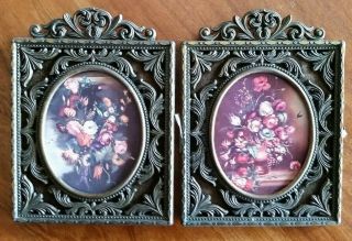 Vintage Italy Metal Picture Small Frame Set Of 2 Floral Prints