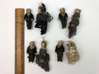 8 Antique Miniature Bisque Wedding Cake Toppers Dollhouse Dolls Dresses & Hair
