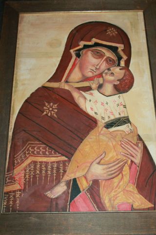 Large Antique Hand Painted Russian Icon Kazanskaya Mother Of God On Board 44 "