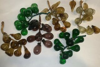 Six Vintage Hand Blown Glass Grape Clusters 8 - 10 " Each.  Green Amber Purple Mcm