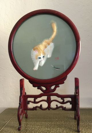 Vintage Chinese Suzhou Double Sided Embroidery Cat With Rosewood Stand