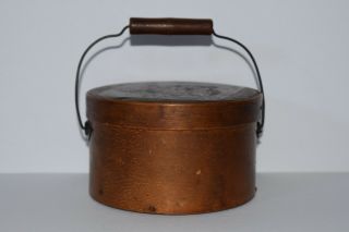 Antique Small Wooden Round Band Box With Decorated Lid And Bail Handle
