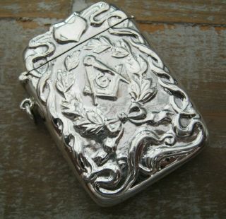 Unusual Large Sterling Silver Vesta Case With Masonic Emblem Or As A Card Case