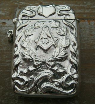 Unusual LARGE Sterling Silver Vesta Case With Masonic Emblem Or As A Card Case 2