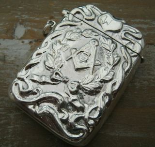 Unusual LARGE Sterling Silver Vesta Case With Masonic Emblem Or As A Card Case 3