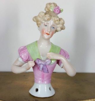 Lovely Antique Porcelain Boudoir Half Doll Arms Away Curly Hair Pink Germany